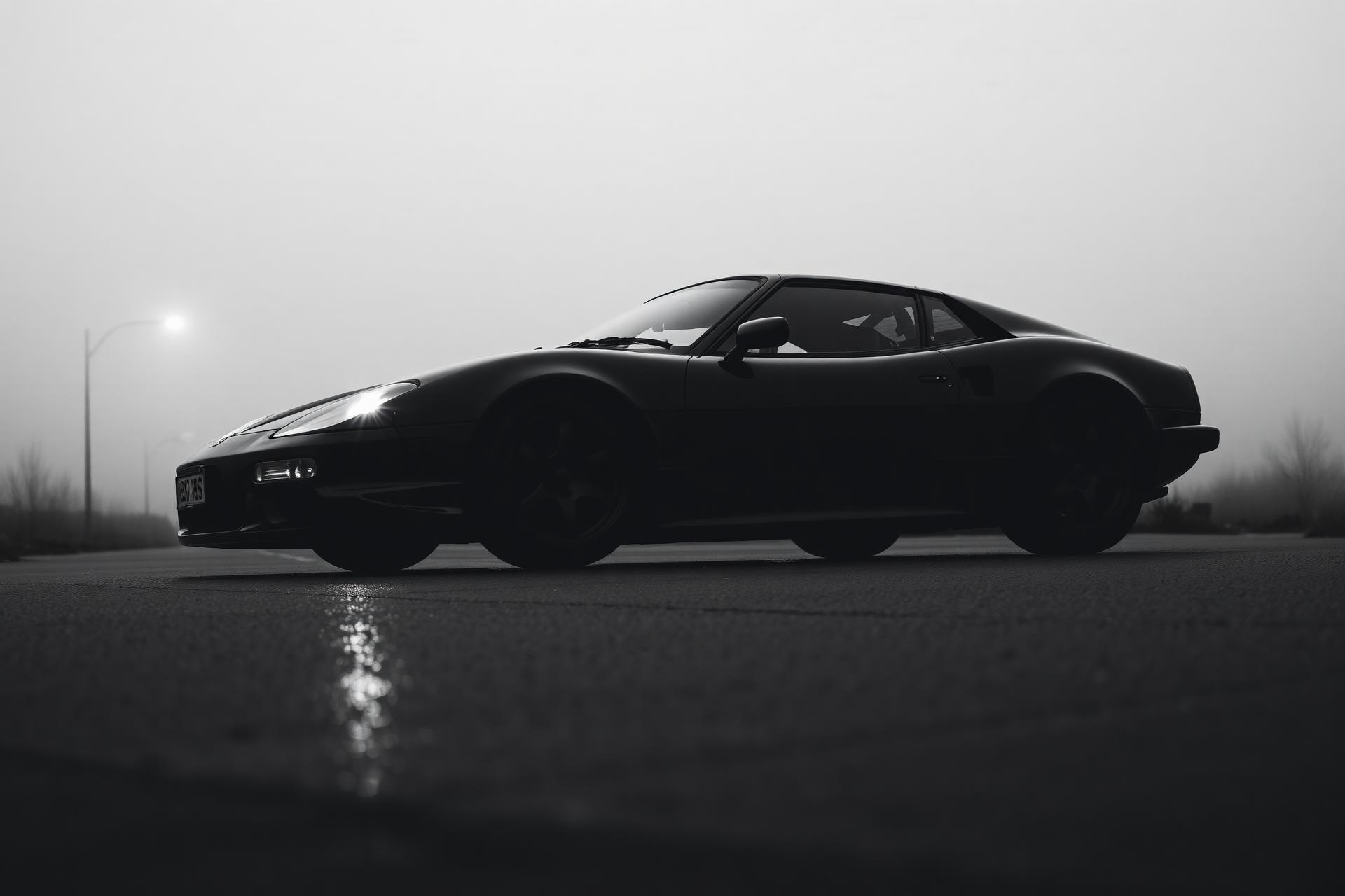 Grayscale editorial photograph of a car at dusk